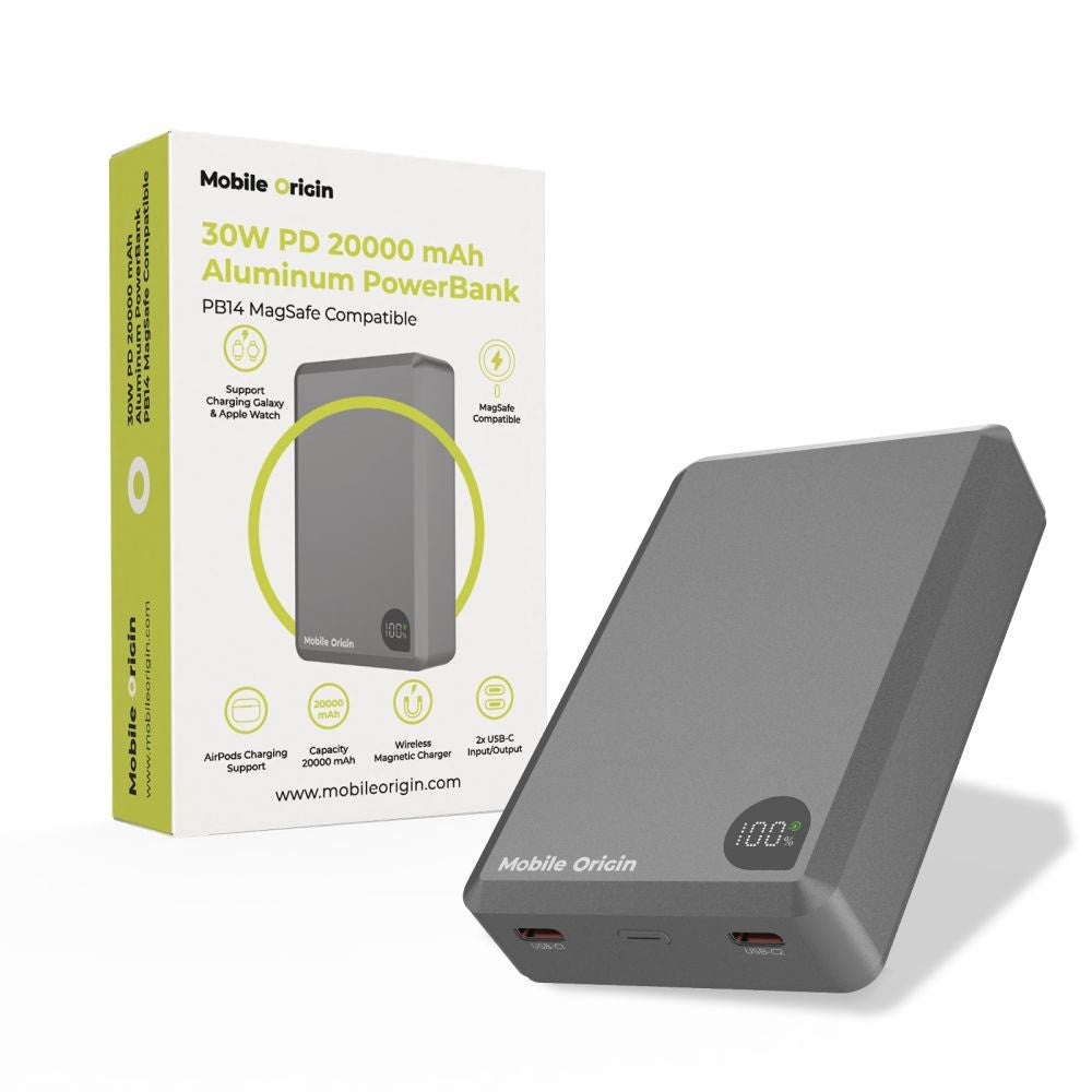 Mobile Origin 30W 20.000mAh Powerbank m. USB-C & Trådløs Opladning - MagSafe Kompatibel - Grå