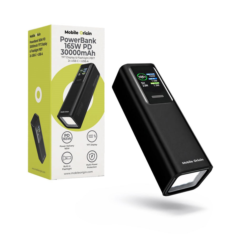 Mobile Origin 165W PowerBank m. Display & Lommelygte - 2x USB-C & 1x USB-A - 30.000 mAh - Sort