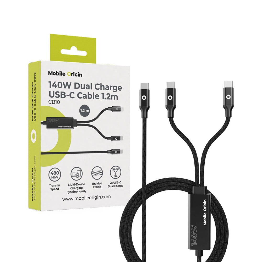 Mobile Origin CB10 140W Dobbelt USB-C til USB-C Kabel - 1.2m - Sort