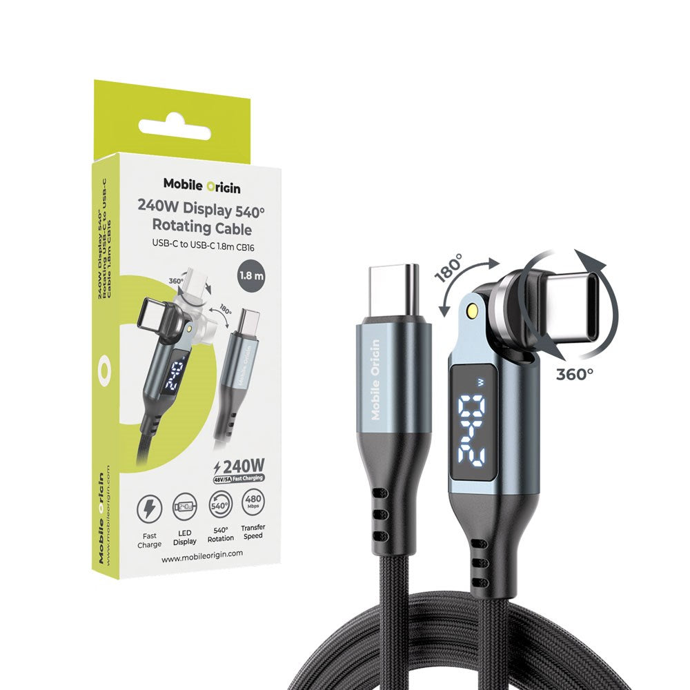 Mobile Origin 240W Display 540° Roterende USB-C til USB-C Kabel - 1.8m - Sort