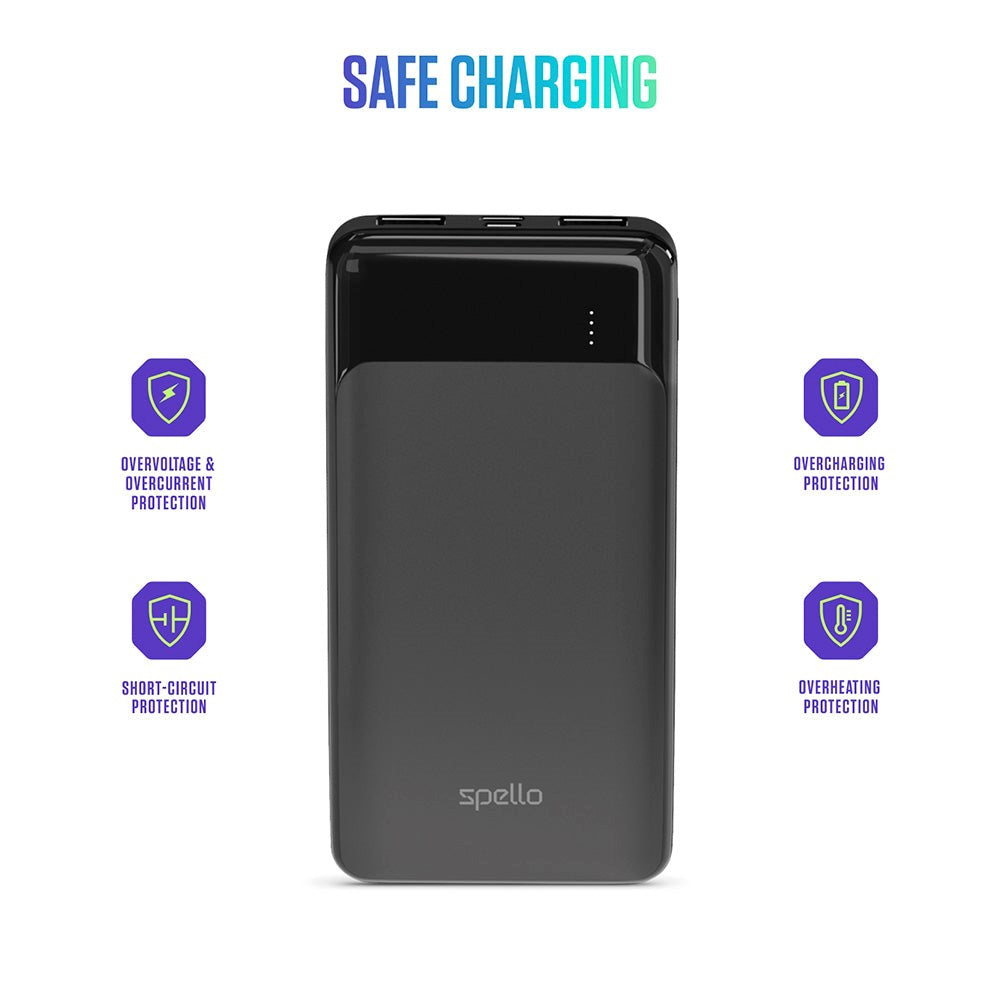 Spello Slim 10W Powerbank m. 2 x USB-A & 1 x USB-C - 10.000 mAh - Sort