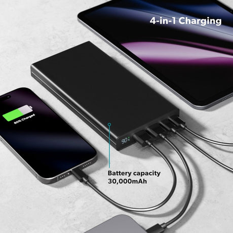 Epico 45W Power Bank 30.000 mAh m. 2 x USB-A Stik 2 x USB-C Stik 1 x USB-C Kabel -  Sort