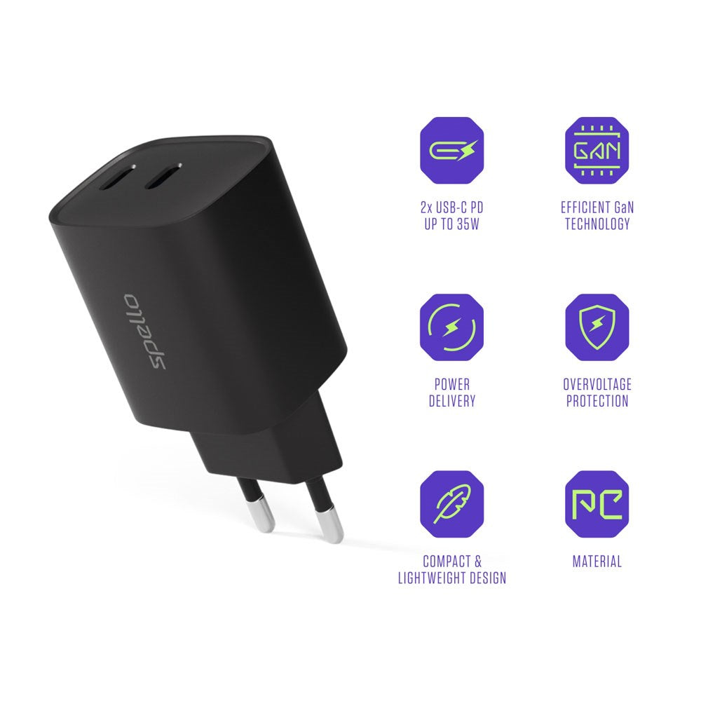 Spello 35W PD (Power Delivery) Vægoplader m. 2 x USB-C - Sort