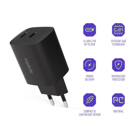 Spello 35W PD (Power Delivery) Vægoplader m. 2 x USB-C - Sort