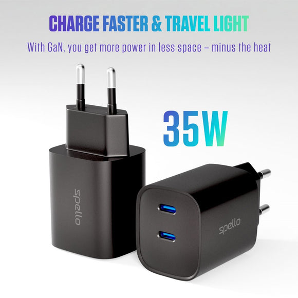 Spello 35W PD (Power Delivery) Vægoplader m. 2 x USB-C - Sort