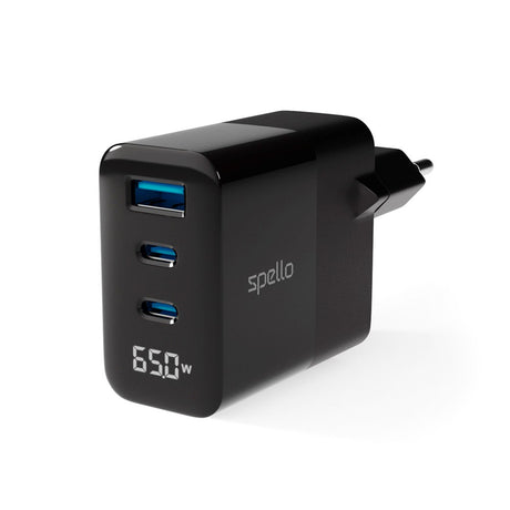 Spello 65W PD (Power Delivery) Vægoplader m. 2 x USB-C 1 x USB-A - Sort