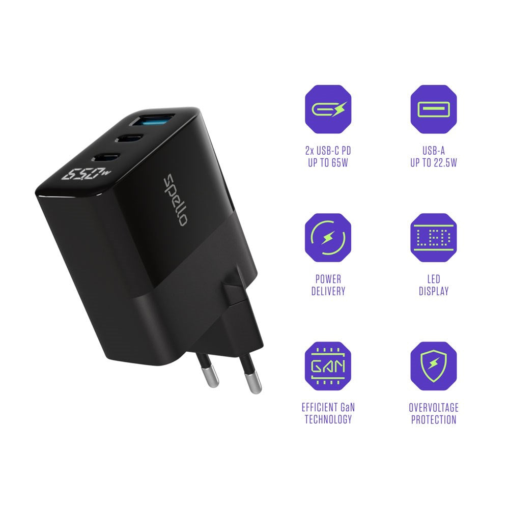 Spello 65W PD (Power Delivery) Vægoplader m. 2 x USB-C 1 x USB-A - Sort