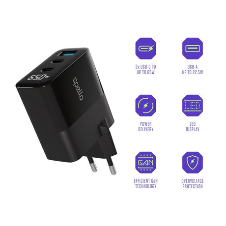 Spello 65W PD (Power Delivery) Vægoplader m. 2 x USB-C 1 x USB-A - Sort