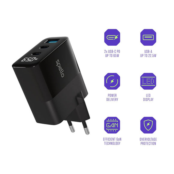 Spello 65W PD (Power Delivery) Vægoplader m. 2 x USB-C 1 x USB-A - Sort