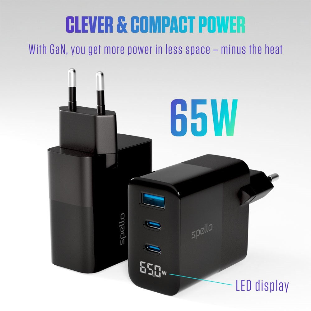Spello 65W PD (Power Delivery) Vægoplader m. 2 x USB-C 1 x USB-A - Sort
