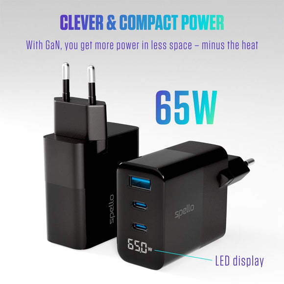 Spello 65W PD (Power Delivery) Vægoplader m. 2 x USB-C 1 x USB-A - Sort
