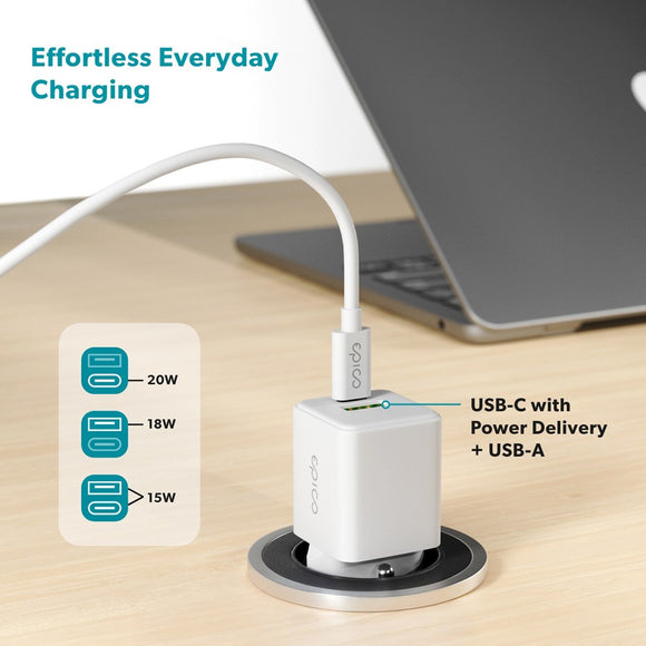 Epico UltraBoost GaN 20W Vægoplader - 1x USB-C / 1x USB-A - Hvid