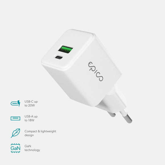 Epico UltraBoost GaN 20W Vægoplader - 1x USB-C / 1x USB-A - Hvid