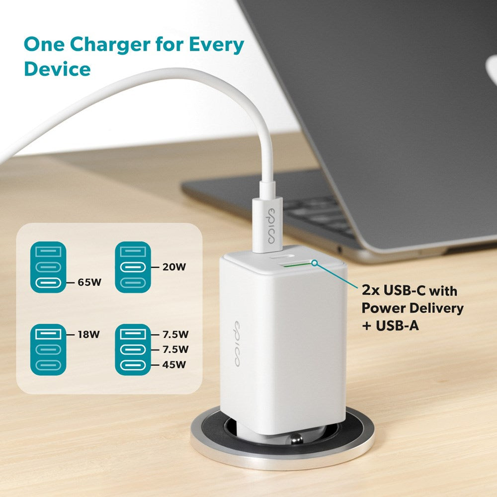 Epico UltraBoost GaN 65W Vægoplader - 2x USB-C / 1x USB-A - Hvid