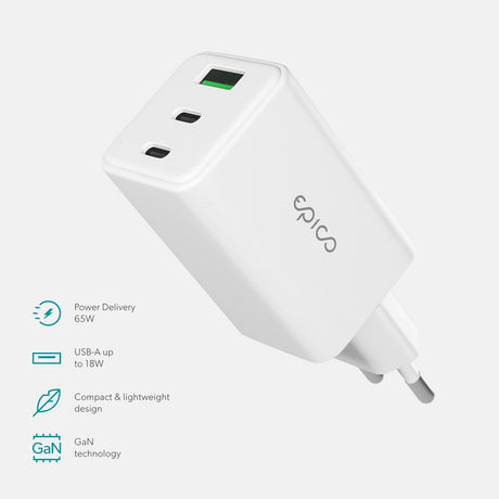 Epico UltraBoost GaN 65W Vægoplader - 2x USB-C / 1x USB-A - Hvid