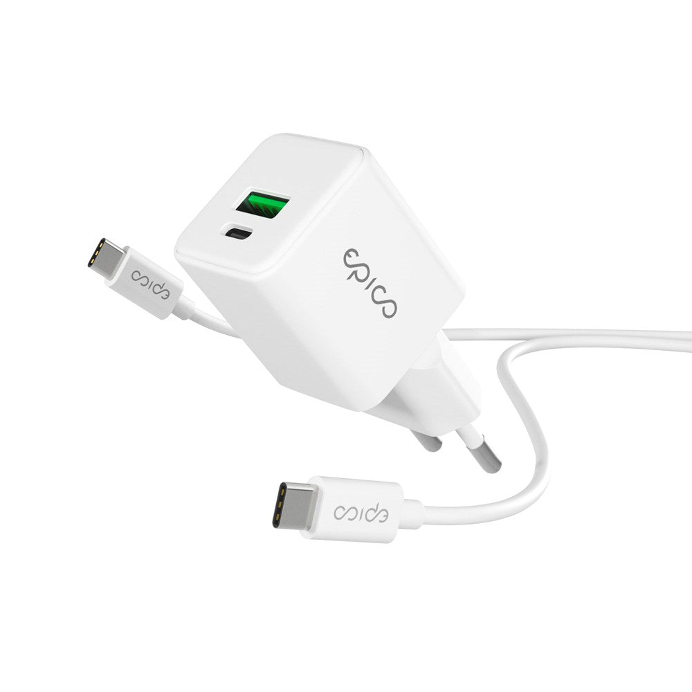 Epico UltraBoost GaN 20W Vægoplader m. 1.2m USB-C til USB-C Kabel - 1x USB-C / 1x USB-A - Hvid