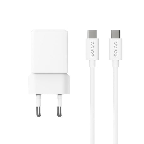Epico UltraBoost GaN 20W Vægoplader m. 1.2m USB-C til USB-C Kabel - 1x USB-C / 1x USB-A - Hvid