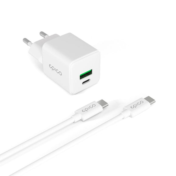 Epico UltraBoost GaN 20W Vægoplader m. 1.2m USB-C til USB-C Kabel - 1x USB-C / 1x USB-A - Hvid