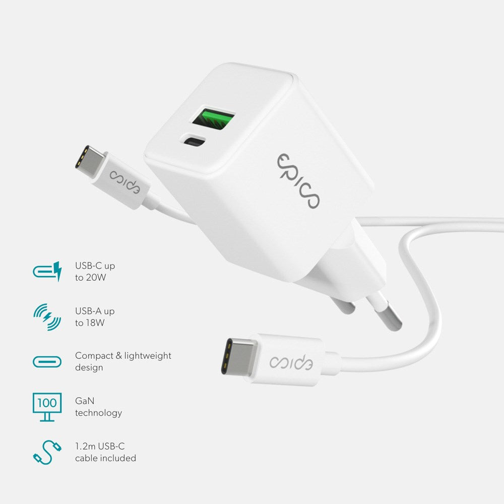 Epico UltraBoost GaN 20W Vægoplader m. 1.2m USB-C til USB-C Kabel - 1x USB-C / 1x USB-A - Hvid
