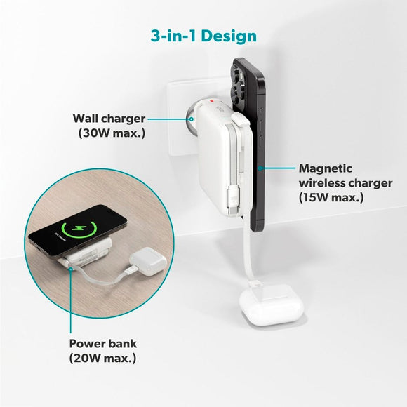 Epico UltraPack Mag+ 3-i-1 Rejse PowerBank 10.000 mAh - MagSafe Kompatibel - Hvid