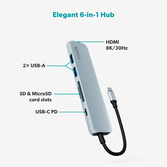 Epico 6-i-1 Aluminium Hub 8K - Sky Blue
