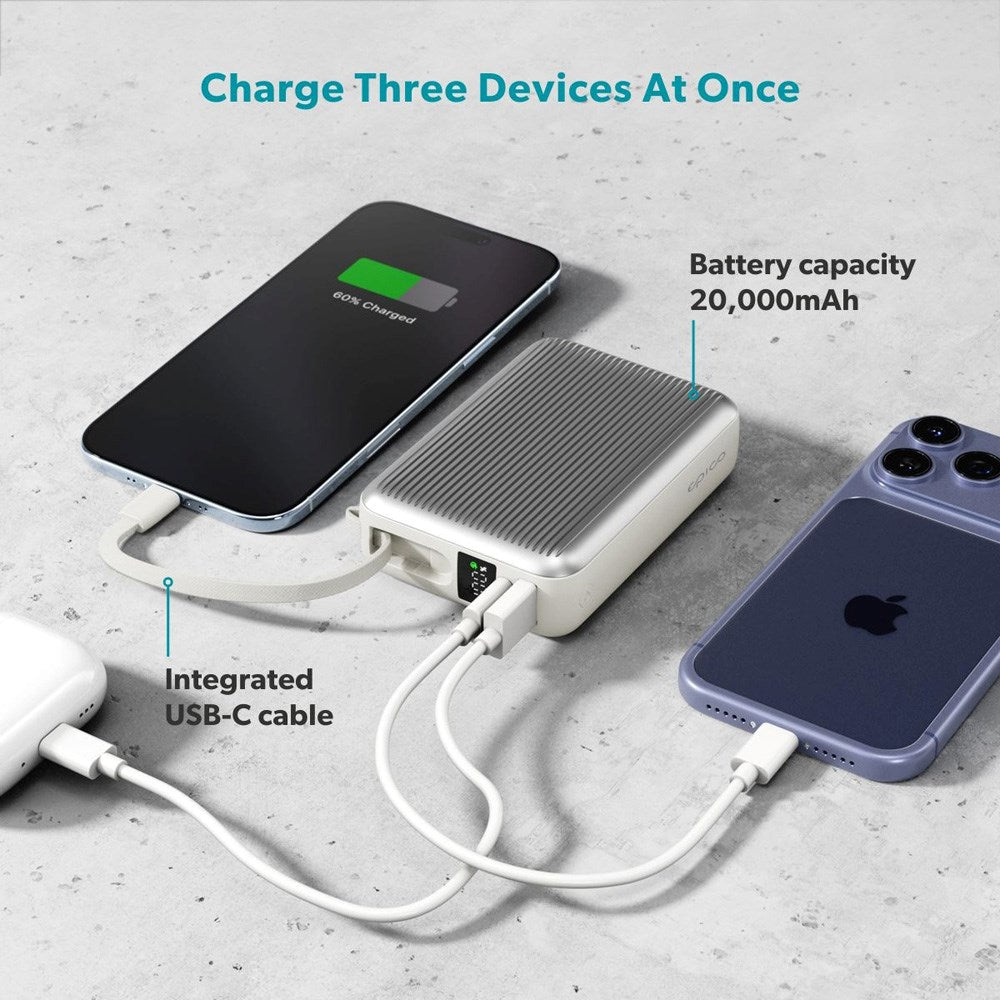 Epico UltraPack 45W Powerbank 20.000mAh m. Udtrækkeligt USB-C Kabel - Grå