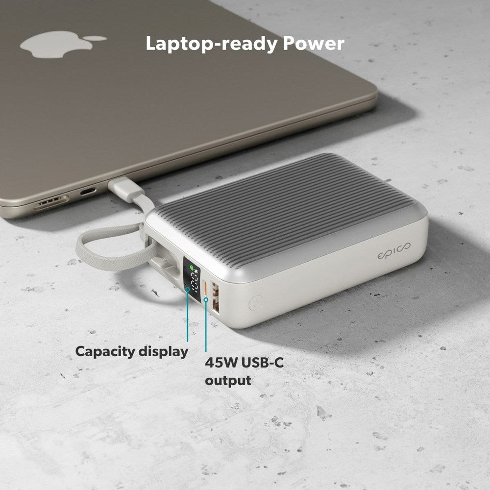 Epico UltraPack 45W Powerbank 20.000mAh m. Udtrækkeligt USB-C Kabel - Grå