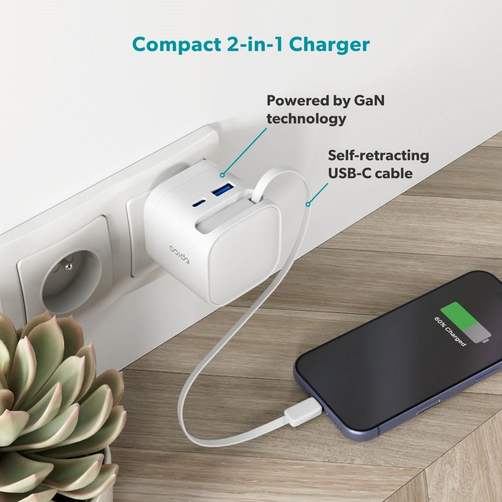 Epico UltraBoost 65W Vægoplader m. USB-C / USB-A / Udtrækkeligt USB-C Kabel - Hvid