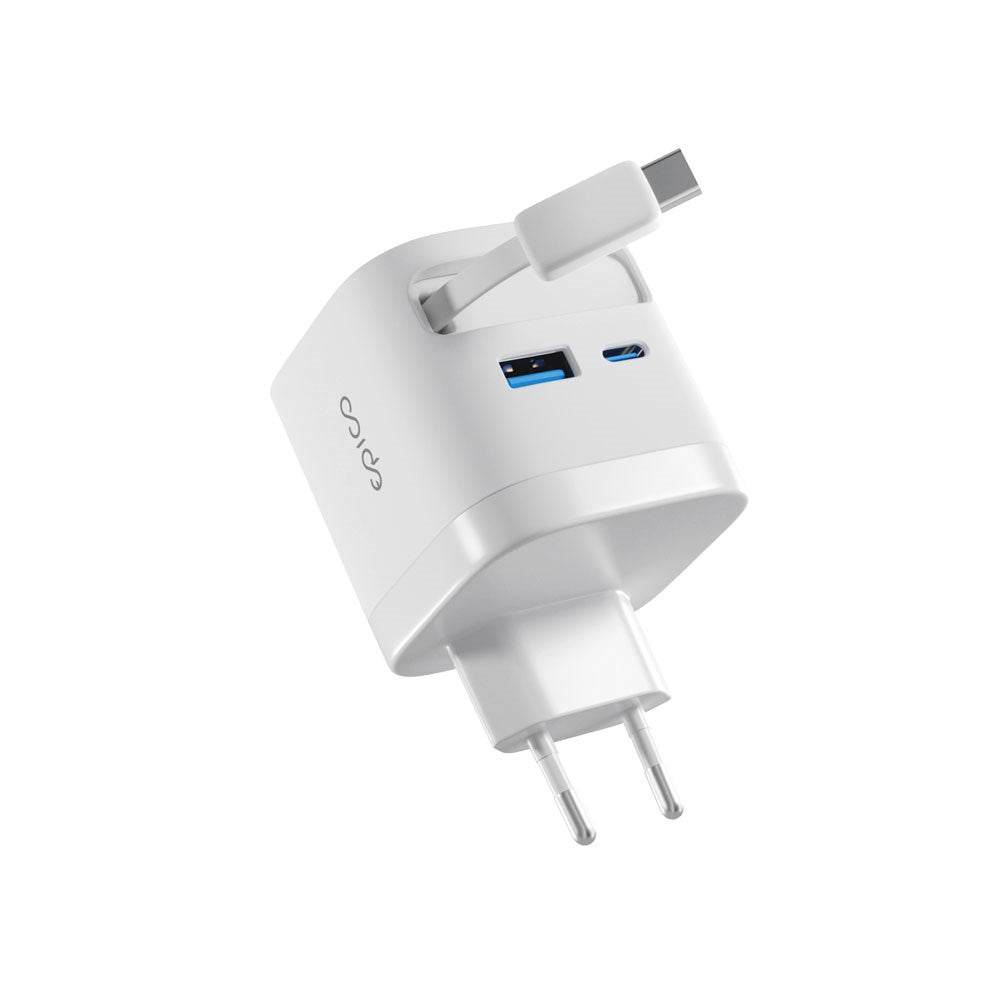 Epico UltraBoost 65W Vægoplader m. USB-C / USB-A / Udtrækkeligt USB-C Kabel - Hvid