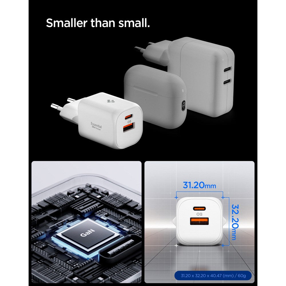 Spigen Essential 35W Vægoplader m. 1 x USB-C & 1 x USB-A - Hvid