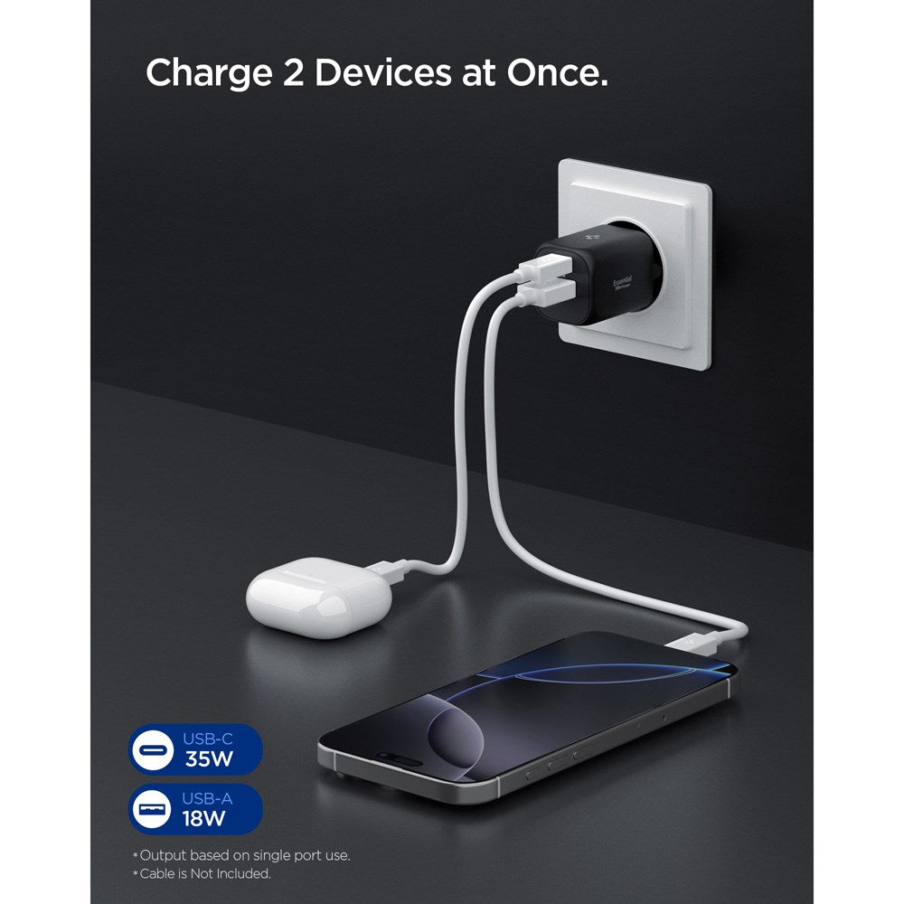 Spigen Essential 35W Vægoplader m. 1 x USB-C & 1 x USB-A - Sort