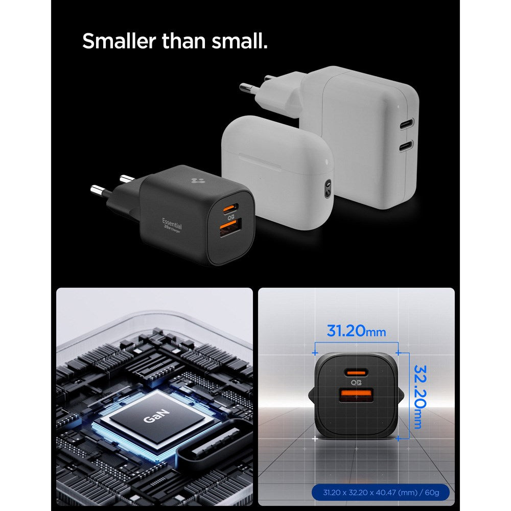 Spigen Essential 35W Vægoplader m. 1 x USB-C & 1 x USB-A - Sort