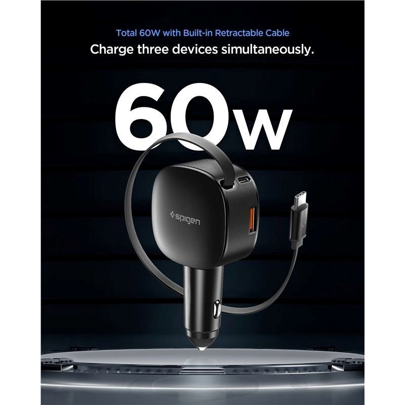 Spigen Essential Biloplader 60W m. Indbygget USB-C Kabel & 1 x USB-C 1 x USB-A - Sort
