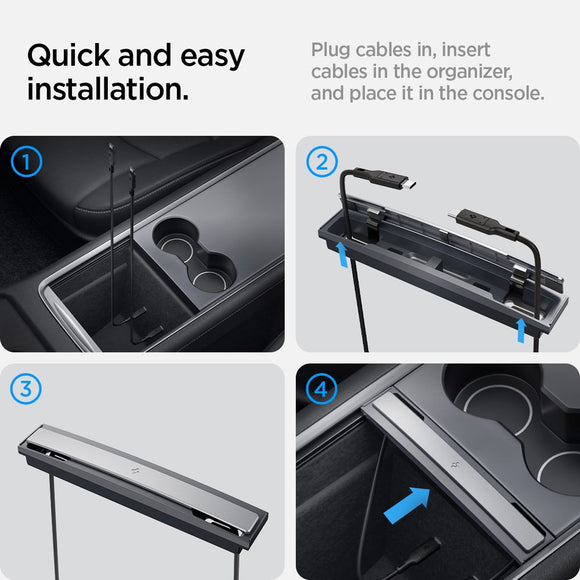 Spigen Kabelorganisator Station til Tesla Model 3 (2022-23) / Model Y (2021-24) - Mørk Sølv