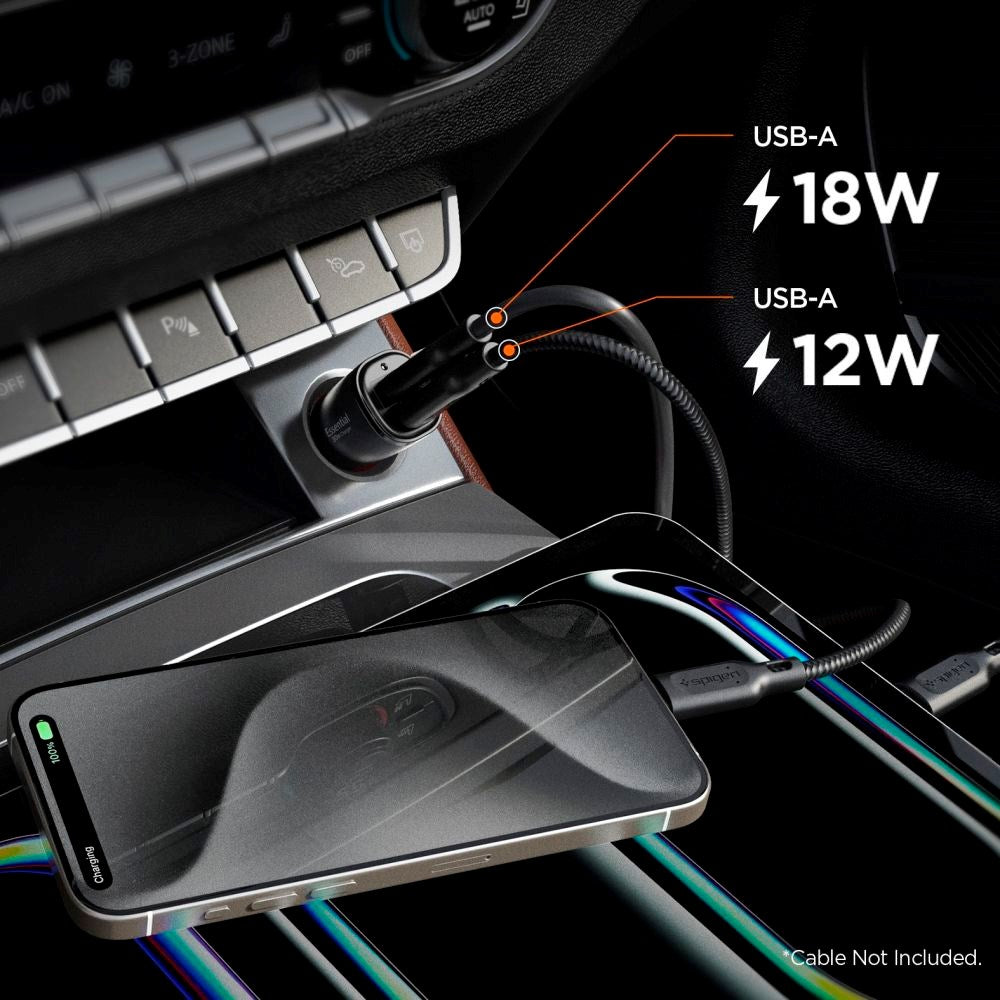 Spigen 30W Biloplader m. 2x USB-A - Sort