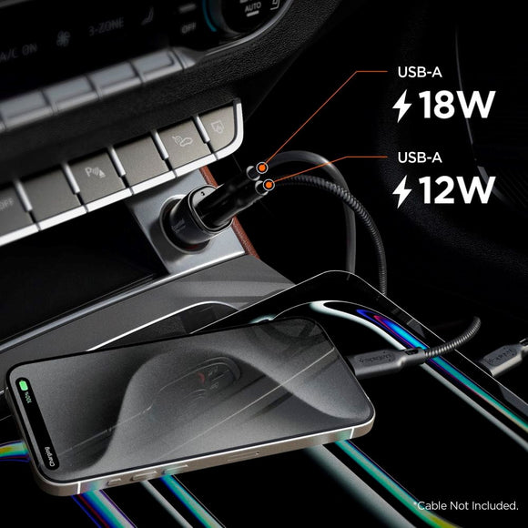 Spigen 30W Biloplader m. 2x USB-A - Sort