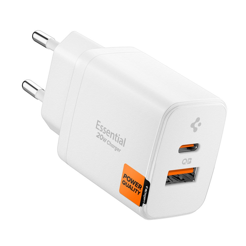 Spigen Essential 20W Vægoplader m. 1 x USB-C & 1 x USB-A - Hvid