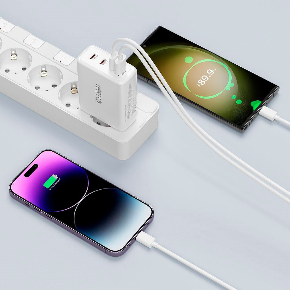 Tech-Protect PD 100W GaN Vægoplader m. 3 x USB-C & 1 x USB-A - Hvid