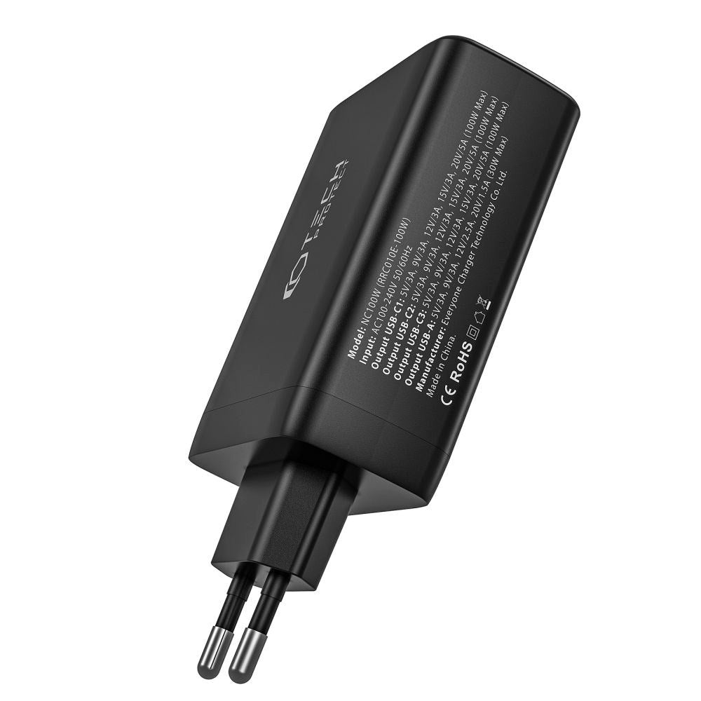 Tech-Protect PD 100W GaN Vægoplader m. 3 x USB-C & 1 x USB-A - Sort