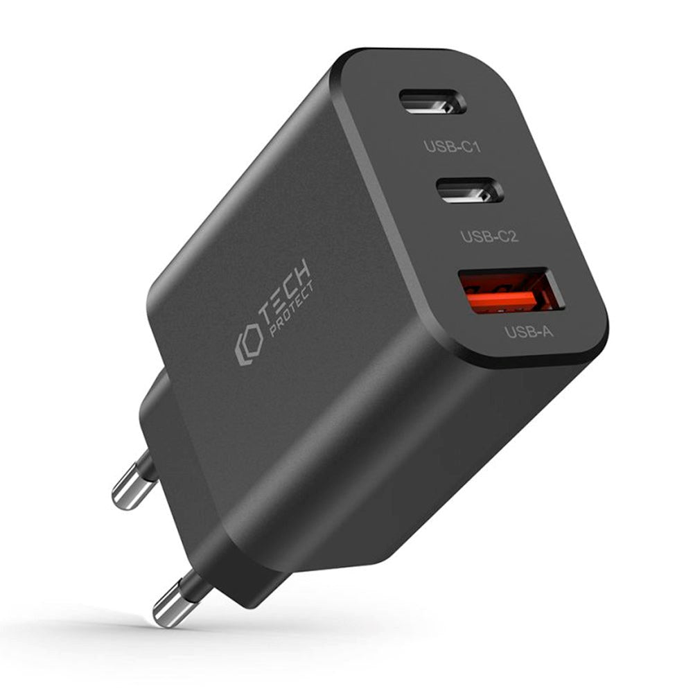 Tech-Protect 30W Vægoplader m. 2 x USB-C & 1 x USB-A - Sort