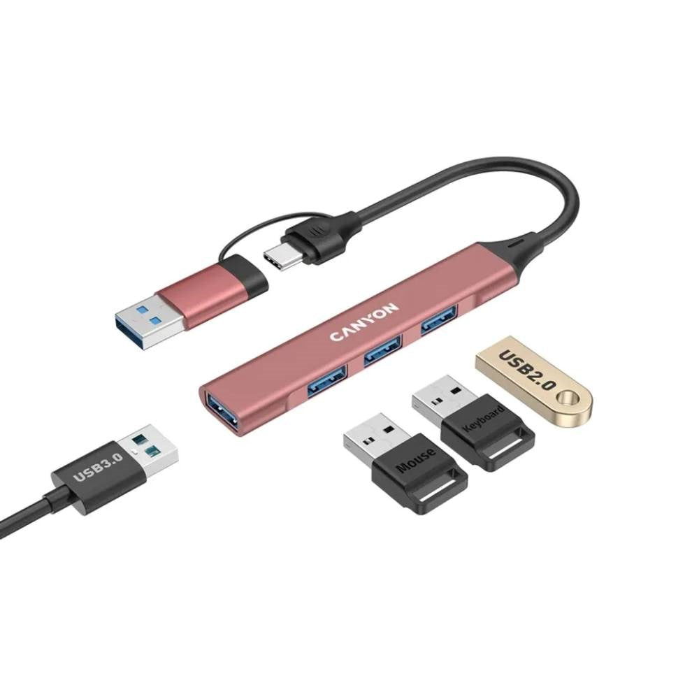 Canyon DS-02 4-i-1 USB-A/C Hub - Lyserød