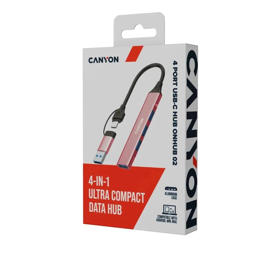 Canyon DS-02 4-i-1 USB-A/C Hub - Lyserød