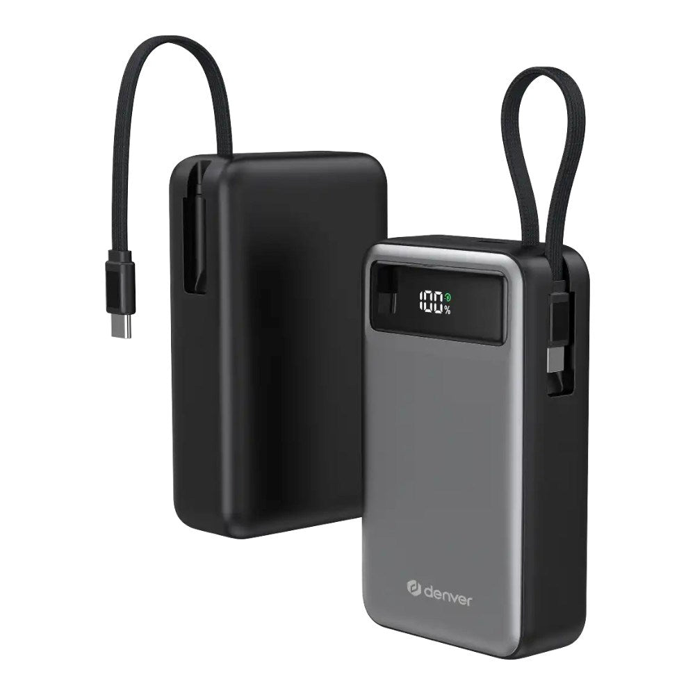 Denver PQCA-20650 65W PowerBank m. USB-A / USB-C / Indbygget USB-C Kabel - 20.000 mAh - Grå