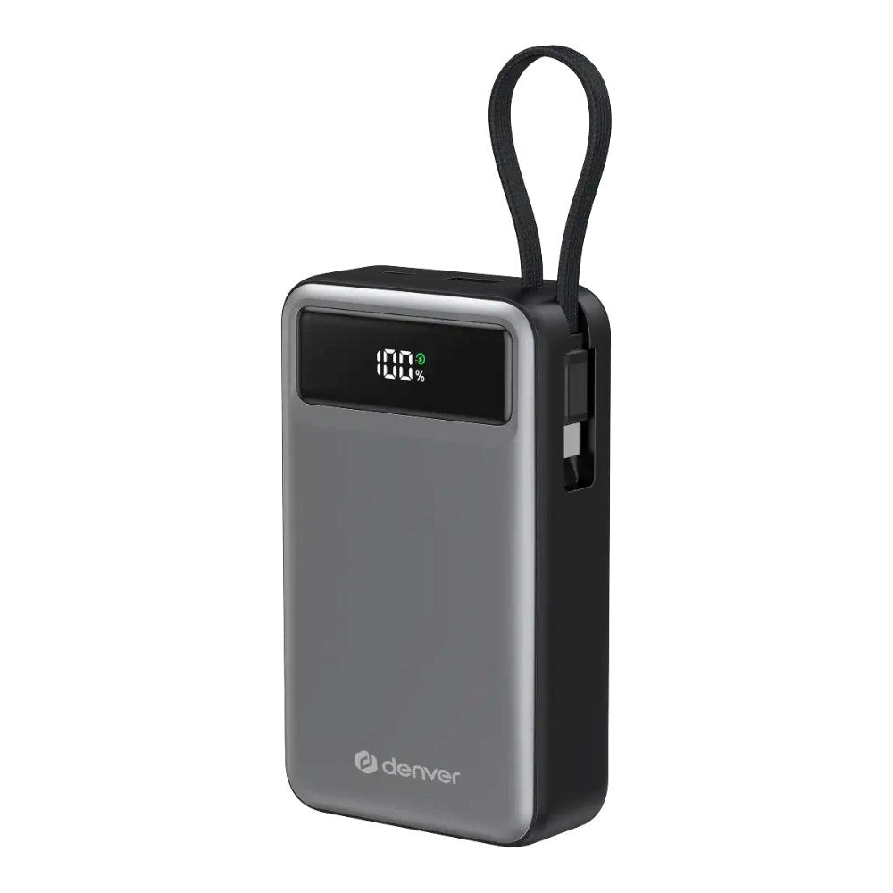 Denver PQCA-20650 65W PowerBank m. USB-A / USB-C / Indbygget USB-C Kabel - 20.000 mAh - Grå