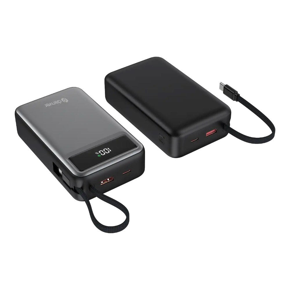 Denver PQCA-20650 65W PowerBank m. USB-A / USB-C / Indbygget USB-C Kabel - 20.000 mAh - Grå