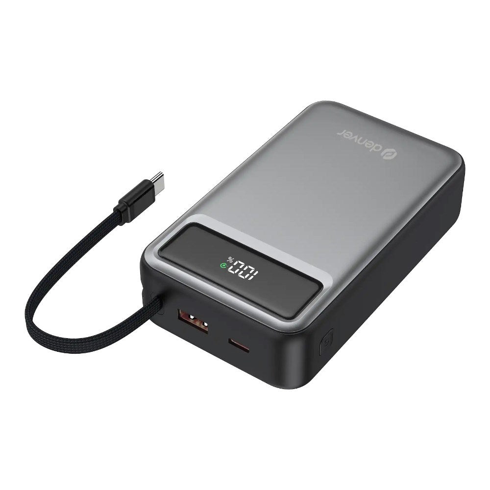 Denver PQCA-20650 65W PowerBank m. USB-A / USB-C / Indbygget USB-C Kabel - 20.000 mAh - Grå