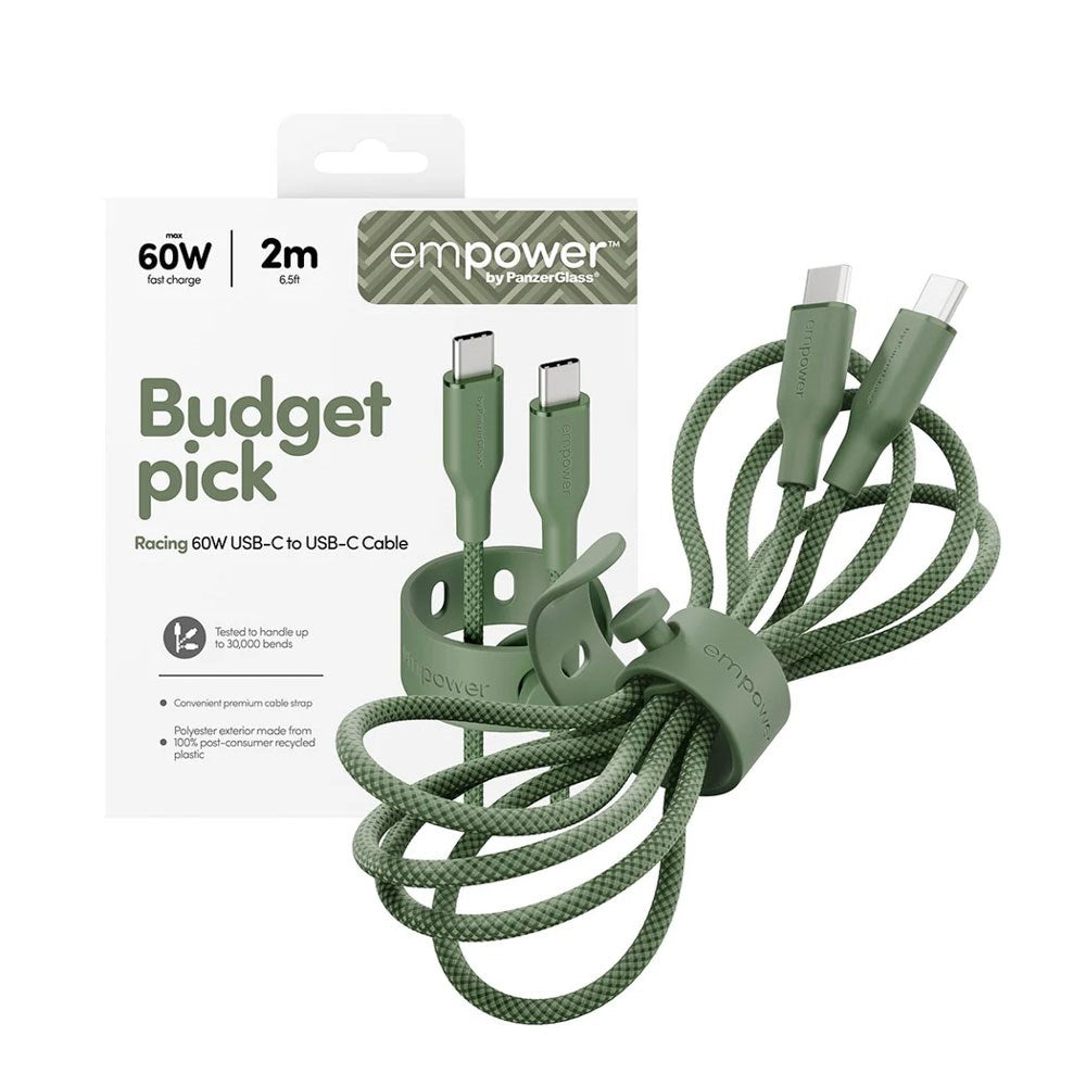 empower by PanzerGlass Racing 60W USB-C til USB-C Kabel - 2m - Sage