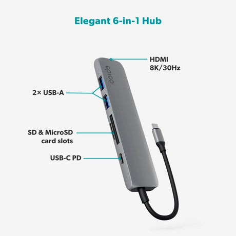 Epico 6-i-1 USB-C Adapter – Aluminium Design med 8K Opløsning - Space Grey