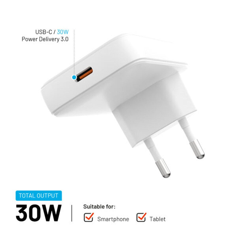 FIXED Slim 30W USB-C GaN-oplader - Vinklet - Hvid