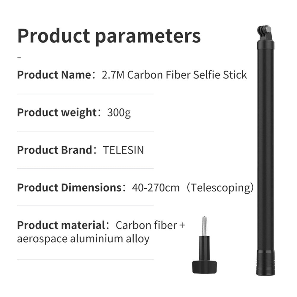 TELESIN Teleskopisk Selfie Stang til Action Kamera - 2.7m - Sort